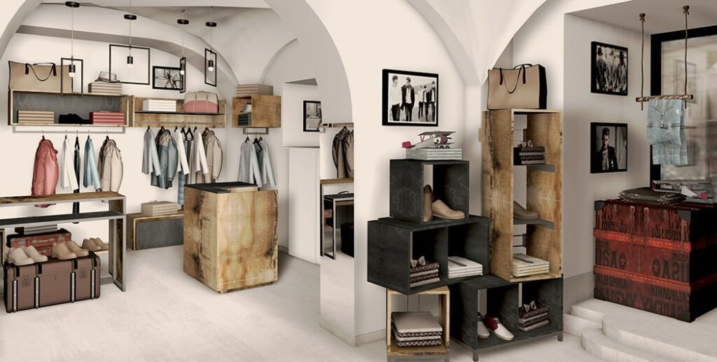 Render di un negozio progettato e realizzato da Spettacolo Design