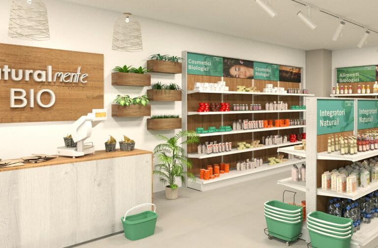 Progettazione di Spettacolo Design per negozio di alimentari e minimarket con punto cassa e parete lineare