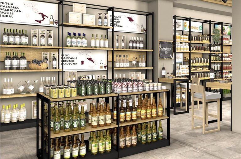 Progettazione di Spettacolo Design di un negozio alimentari con uno stile moderno in ferro e legno