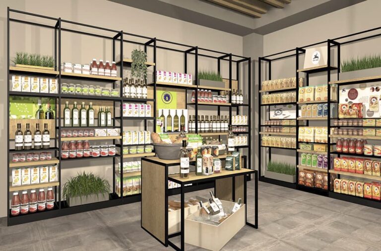 Esempio progettazione arredo negozio alimentari di Spettacolo Design, in stile minimal