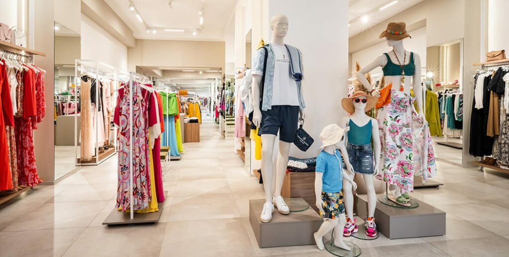 Immagine di dettaglio negozio abbigliamento donna, uomo e bambini. Progetto e realizzazione a cura di Spettacolo Design